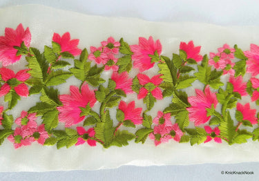 Gold Sheer Tissue Fabric Trim With Embroidered Turquoise / Red / Dark Blue / Pink / Blue / Orange & Green Flowers,